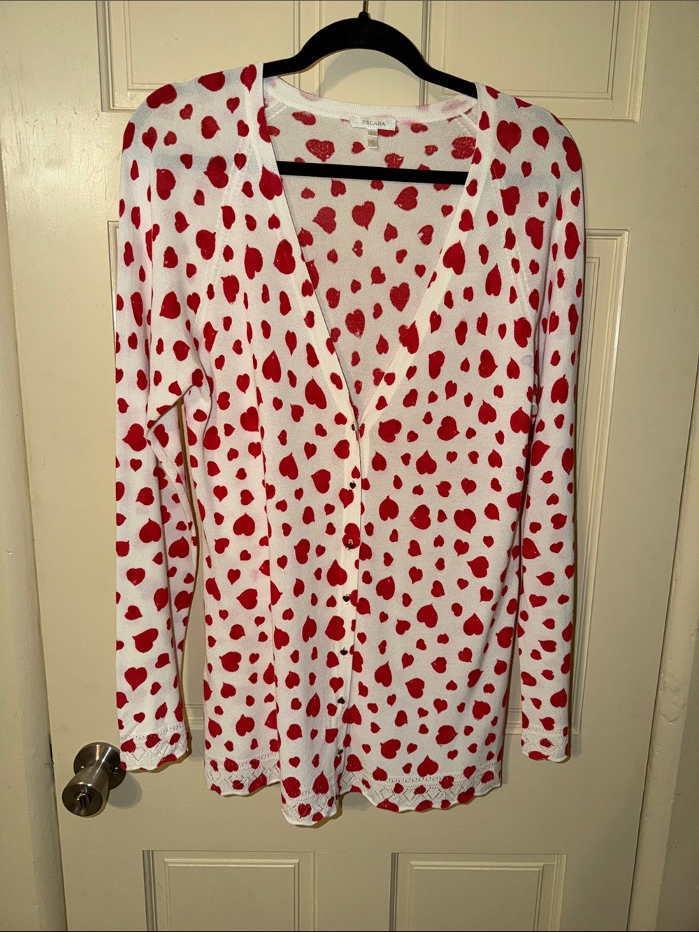 Escada White Long-Sleeve Top with Red Heart Print